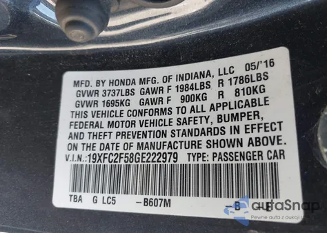 2016 Honda Civic Lx from USA, damaged, VIN 19XFC2F58GE222979